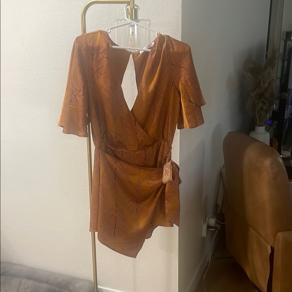 Orange Wrap Dress with Leaf Pattern